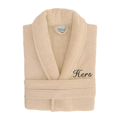 Linum Home Textiles Embroidered Hers Terry Bathrobe Unisex Adult Terry Cloth Long Sleeve Long Length Robe In Sand