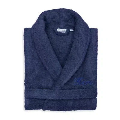 Linum Home Textiles Embroidered Hers Terry Bathrobe Unisex Adult Terry Cloth Long Sleeve Long Length Robe In Blue