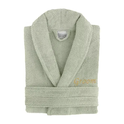 Linum Home Textiles Embroidered Groom Terry Bathrobe Unisex Adult Terry Cloth Long Sleeve Long Length Robe In Green