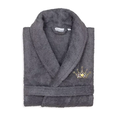 Linum Home Textiles Embroidered Cheetah Crown Terry Bathrobe Unisex Adult Terry Cloth Long Sleeve Long Length Robe In Gray