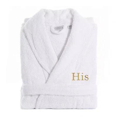Linum Home Textiles Embroidered His Terry Bathrobe Unisex Adult Terry Cloth Long Sleeve Long Length Robe In White