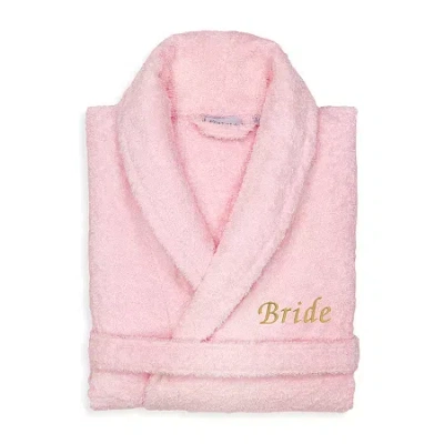 Linum Home Textiles Embroidered Bride Terry Bathrobe Unisex Adult Terry Cloth Long Sleeve Long Length Robe In Pink