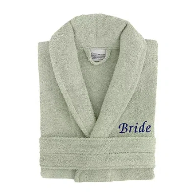 Linum Home Textiles Embroidered Bride Terry Bathrobe Unisex Adult Terry Cloth Long Sleeve Long Length Robe In Green