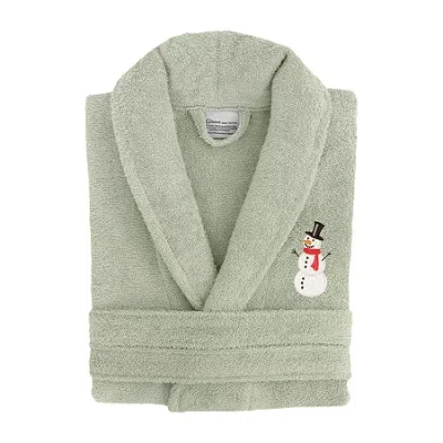 Linum Home Textiles Embroidered Snowman Terry Bathrobe Unisex Adult Terry Cloth Long Sleeve Long Length Robe In Green