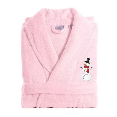 Linum Home Textiles Embroidered Snowman Terry Bathrobe Unisex Adult Terry Cloth Long Sleeve Long Length Robe In Pink