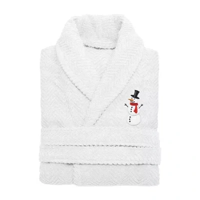 Linum Home Textiles Embroidered Snowman Herringbone Bathrobe Unisex Adult Long Sleeve Long Length Robe In White