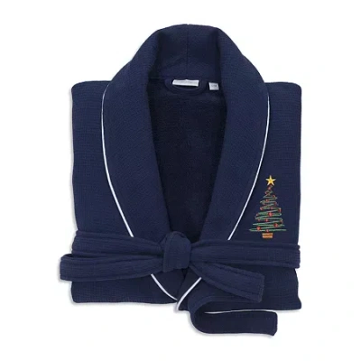 Linum Home Textiles Embroidered Christmas Tree Waffle Terry Bathrobe Unisex Adult Waffle Long Sleeve Long Length Robe In Blue