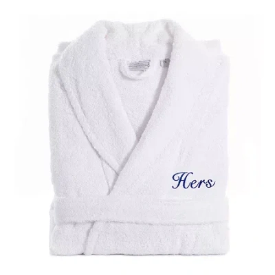 Linum Home Textiles Embroidered Hers Terry Bathrobe Unisex Adult Terry Cloth Long Sleeve Long Length Robe In White