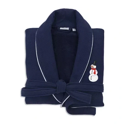 Linum Home Textiles Embroidered Snowman Waffle Terry Bathrobe Unisex Adult Waffle Long Sleeve Long Length Robe In Blue
