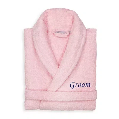 Linum Home Textiles Embroidered Groom Terry Bathrobe Unisex Adult Terry Cloth Long Sleeve Long Length Robe In Pink