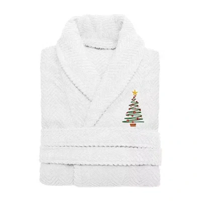 Linum Home Textiles Embroidered Christmas Tree Herringbone Bathrobe Unisex Adult Long Sleeve Long Length Robe In White