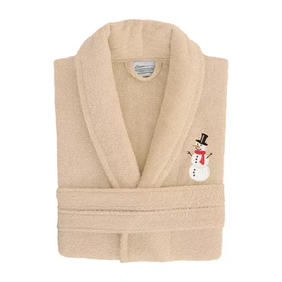 Linum Home Textiles Embroidered Snowman Terry Bathrobe Unisex Adult Terry Cloth Long Sleeve Long Length Robe In Sand