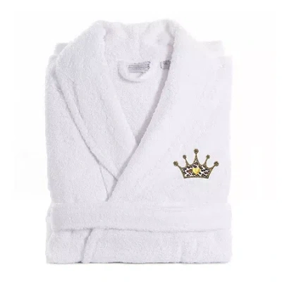 Linum Home Textiles Embroidered Cheetah Crown Terry Bathrobe Unisex Adult Terry Cloth Long Sleeve Long Length Robe In White