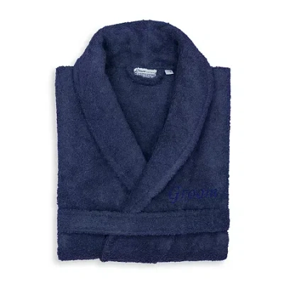 Linum Home Textiles Embroidered Groom Terry Bathrobe Unisex Adult Terry Cloth Long Sleeve Long Length Robe In Blue