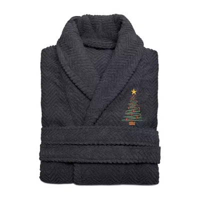 Linum Home Textiles Embroidered Christmas Tree Herringbone Bathrobe Unisex Adult Long Sleeve Long Length Robe In Gray