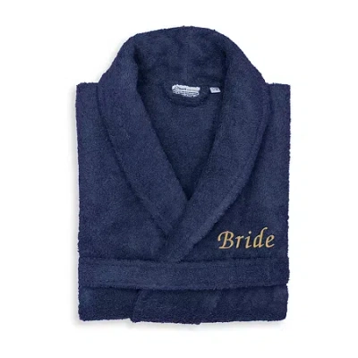 Linum Home Textiles Embroidered Bride Terry Bathrobe Unisex Adult Terry Cloth Long Sleeve Long Length Robe In Blue