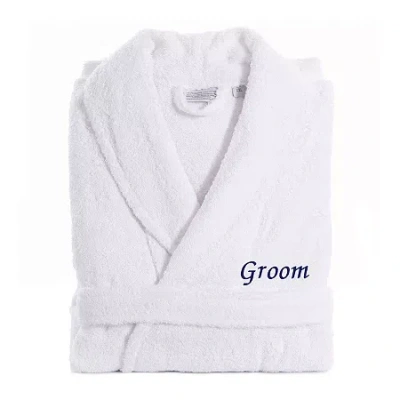 Linum Home Textiles Embroidered Groom Terry Bathrobe Unisex Adult Terry Cloth Long Sleeve Long Length Robe In White