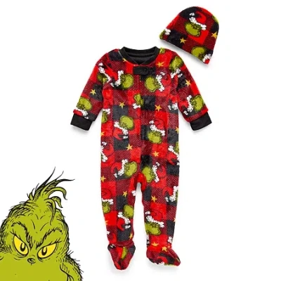 Dr. Seuss Baby Unisex  Grinch Microfleece Long Sleeve Matching Family Footed Pajamas In Red