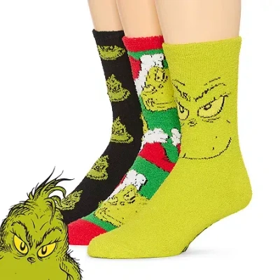 Dr. Seuss Cozy Unisex Adult 3 Pair Grinch Crew Socks In Green