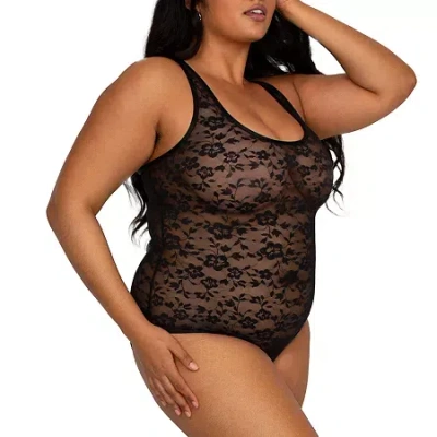 Curvy Couture No-show Lace Bodysuit In Black