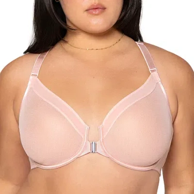 Curvy Couture Sheer Mesh Front Close Racerback Bra-1618 In Pink