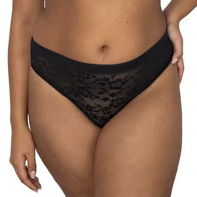 Curvy Couture No Show Lace High Cut Thong Panty - 1377 In Black
