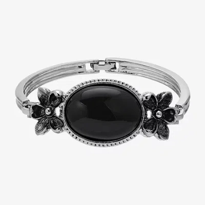 1928 Jewelry 1928 Silver Tone & Black Womens Black Glass Flower Bangle Bracelet In Metallic