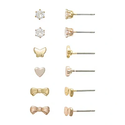 Mixit Womens Cubic Zirconia Bow Butterfly Heart Hypoallergenic 6 Pair Earring Set In Yellow