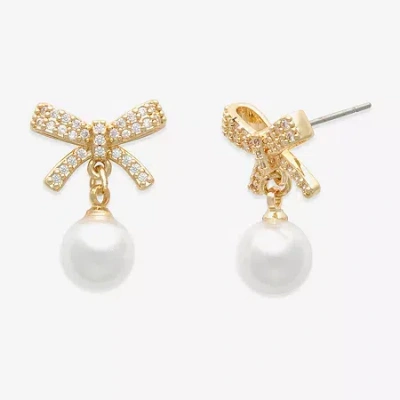 Mixit Womens White Simulated Pearl Bow Drop Earrings In Yellow