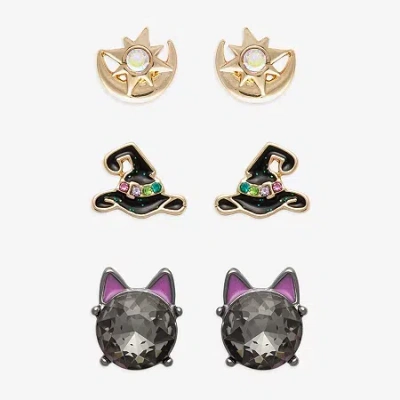 Mixit Halloween Hat & Cat Eye Womens Green Glass 3 Pair Earring Set In Multi