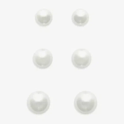Mixit Womens White Glass Simulated Pearl Hypoallergenic 3 Pair Earring Set In White