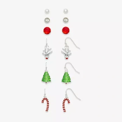 Mixit Silver Tone Reindeer; Christmas Tree & Candy Cane Womens Multi Color Cubic Zirconia 6 Pair Earring S In Multi