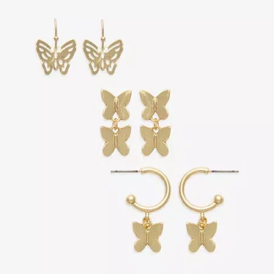 Mixit Womens Butterfly 3 Pair Earring Set In Gold