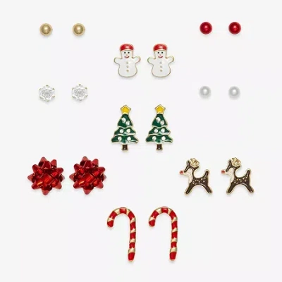 Mixit Gold Tone Feliz Llamada Christmas Womens Multi Color Cubic Zirconia 9 Pair Earring Set In Multi