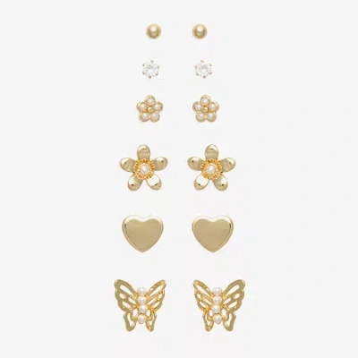 Mixit Womens Cubic Zirconia Butterfly Flower Heart Hypoallergenic 6 Pair Earring Set In Gold