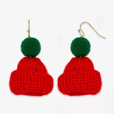 Mixit Red & Green Winter Knit Hat Womens Drop Earrings In Red