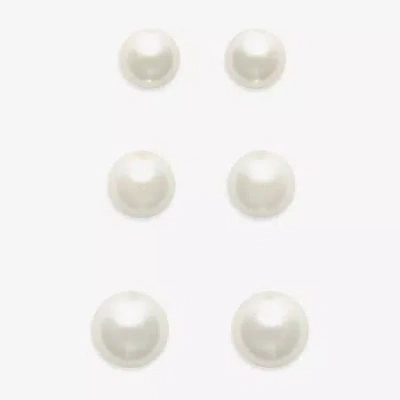 Mixit Womens White Glass Simulated Pearl Hypoallergenic 3 Pair Earring Set In White