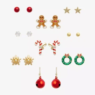 Mixit Gold Tone Nut Cracker Christmas Womens Multi Color Cubic Zirconia 9 Pair Earring Set In Multi