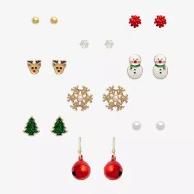 Mixit Gold Tone Chillin With My Snowmies Christmas Womens Multi Color Cubic Zirconia 9 Pair Earring Set In Multi