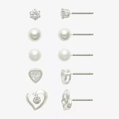 Mixit Womens Simulated Pearl Heart Round Hypoallergenic 5 Pair Earring Set In Gray