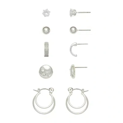 Mixit Womens Cubic Zirconia Round Hypoallergenic 5 Pair Earring Set In Silver