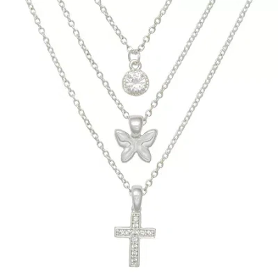 Mixit Womens Cubic Zirconia Butterfly Cross Hypoallergenic 3-pc. Necklace Set In Silver