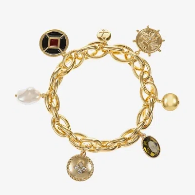 Liz Claiborne Gold Tone Nautical Womens Glass Simulated Pearl Charm Bracelet In Gold