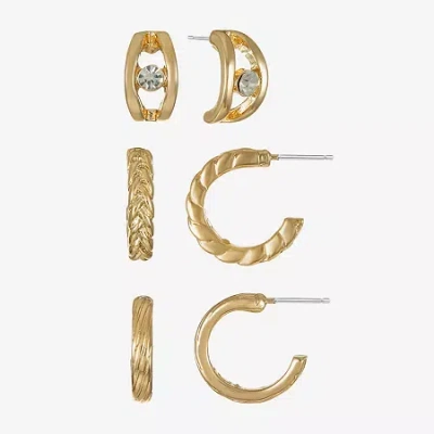 Liz Claiborne Braided & Textured Huggie Hoop Womens Glass Hypoallergenic 3 Pair Earring Set In Multi