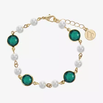 Liz Claiborne Gold Tone Beaded Womens Simulated Pearl Round Strand Bracelet In Green