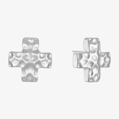 Liz Claiborne Silver Tone Hammered 12.7mm Cross Stud Earrings In Silver