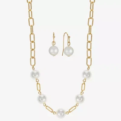 Liz Claiborne Gold Tone Collar Necklace And Drop Earring Womens White Simulated Pearl Round 2-pc. Jewelry Set In Gold