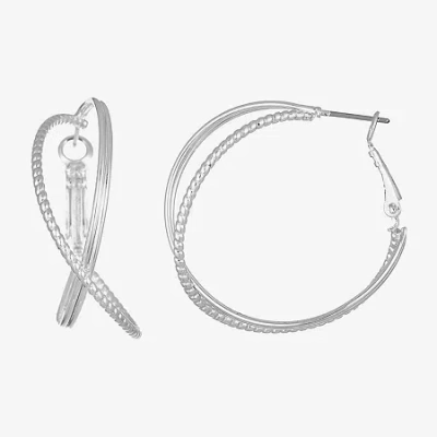 Liz Claiborne Silver Tone Criss Cross Womens 40mm Hypoallergenic Hoop Earrings In White