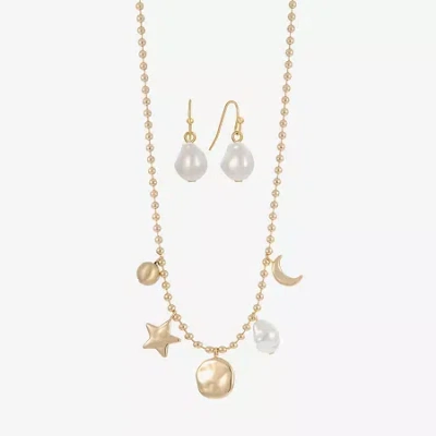 Liz Claiborne Gold Tone Charm Necklace & Drop Earring Womens Simulated Pearl Moon Star 2-pc. Jewelry Set In Yellow