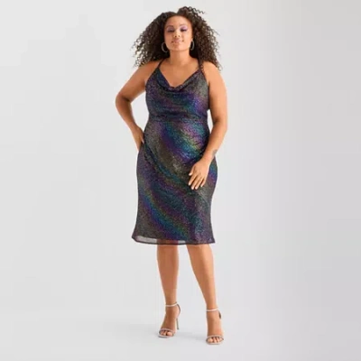 Bob Mackie Womens Plus Sleeveless Sequin Midi A-line Dress In Black